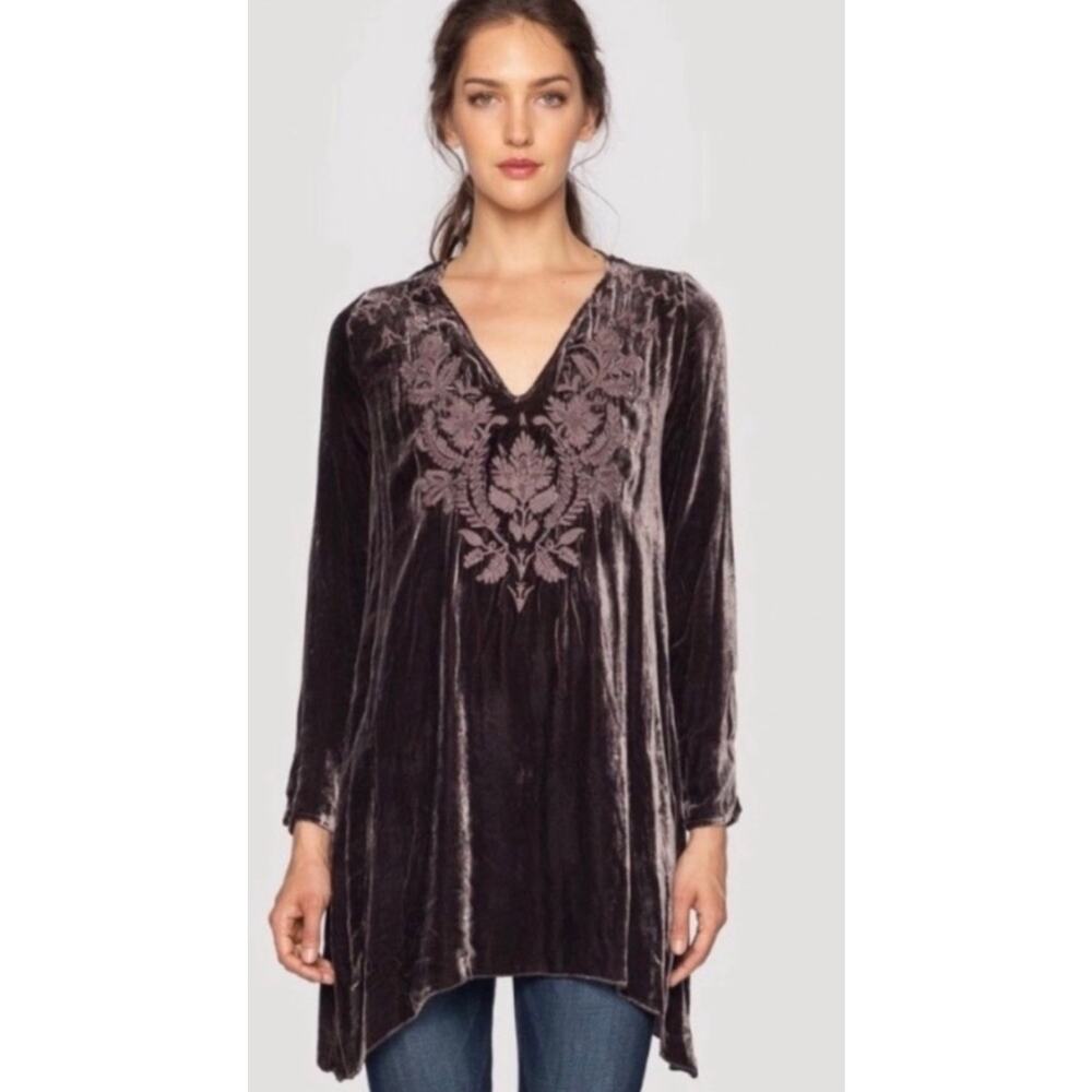 Johnny Was Holland Velvet Silk Blend Embroidered Long Sleeve Tunic Dress Small